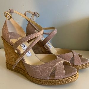 Jimmy Choo Pink Glitter Espadrille Wedge Sandals